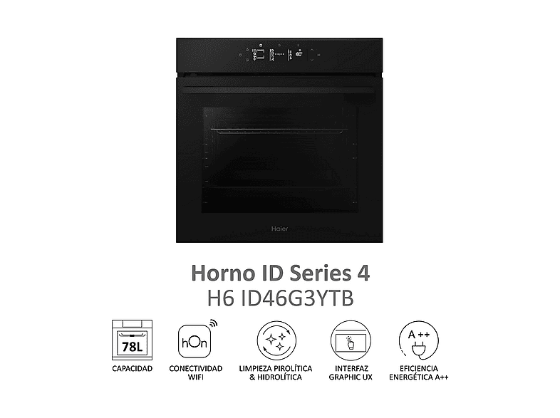 Horno - Haier ID Series 4 H6 ID46G3YTB, Multifunción, Pirolítico y por agua, 78 l, Guías telescópicas, 20 funciones, 60 cm, Negro