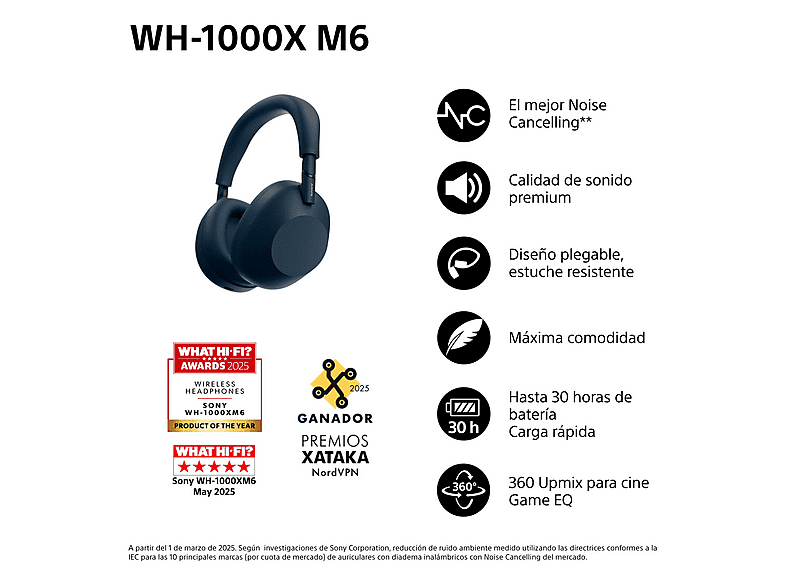 Auriculares inalámbricos - Sony WH-1000XM6, Cancelación ruido, 30h Autonomía, Hi-Res, Carga Rápida, Cómodo, Plegable, iOS/Android, Azul