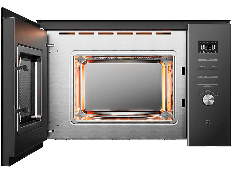 Microondas con grill integrable - Midea MBMTG925E-BK, 900 W, 1200W Potencia Grill, 7 Funciones, 25l, Cristal Negro