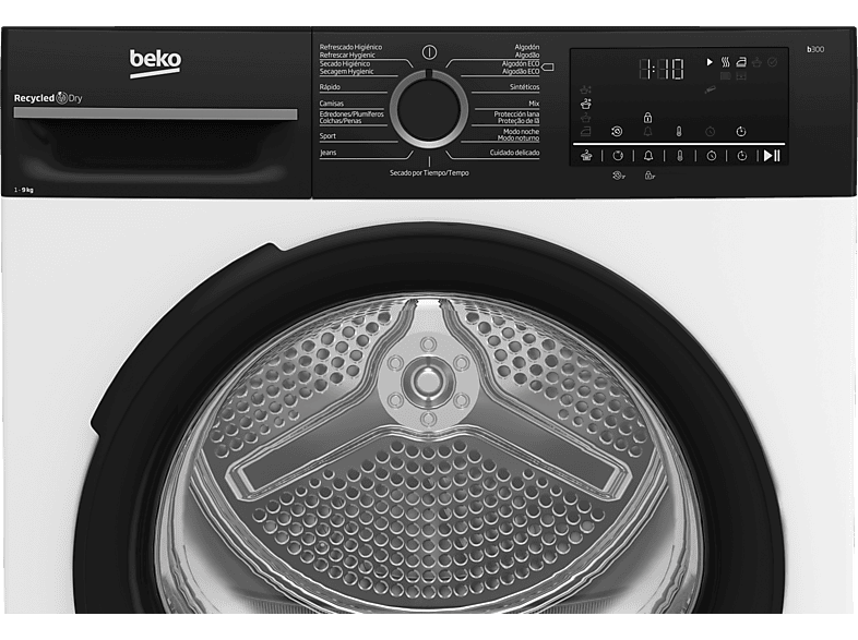 Secadora bomba de calor - Beko BM3T49240W, 9 kg, 15 Programas, Motor ProSmart Inverter, Pantalla digital, Aqua Wave, Blanco