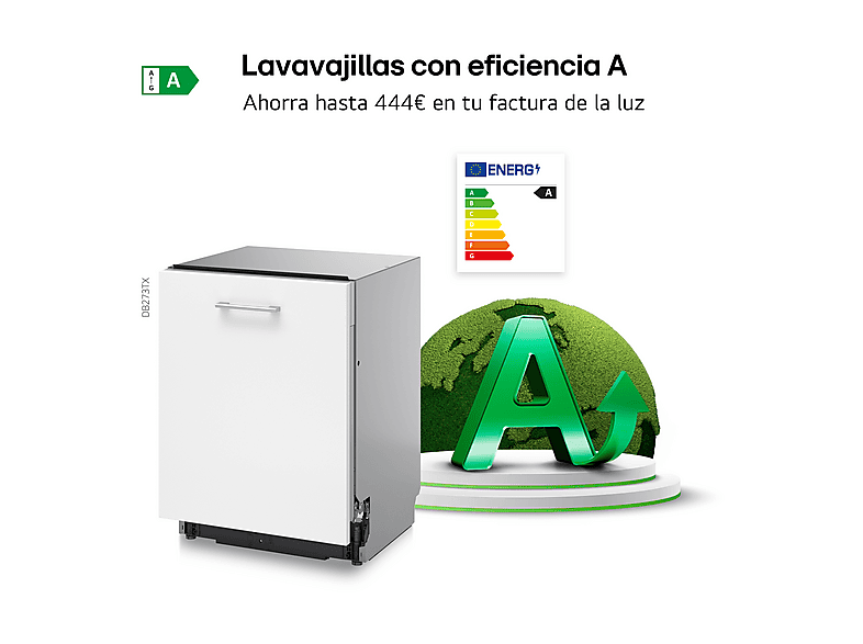 Lavavajillas integrable - LG DB273TX, 14 servicios, 9 programas, 59.8 cm, Tercera bandeja, QuadWash™, Sin panelar
