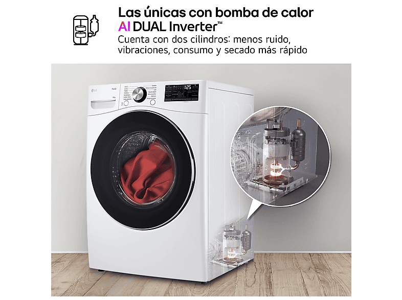 Secadora bomba de calor - LG RH18U8AVCW, 18 kg, 15 programas, 6 Motion™, Eco Hybrid™, Blanco