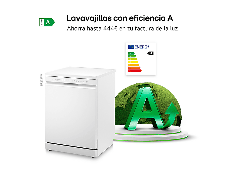 Lavavajillas - LG DF273FW, 14 servicios, 10 programas, 60 cm, QuadWash™, Blanco