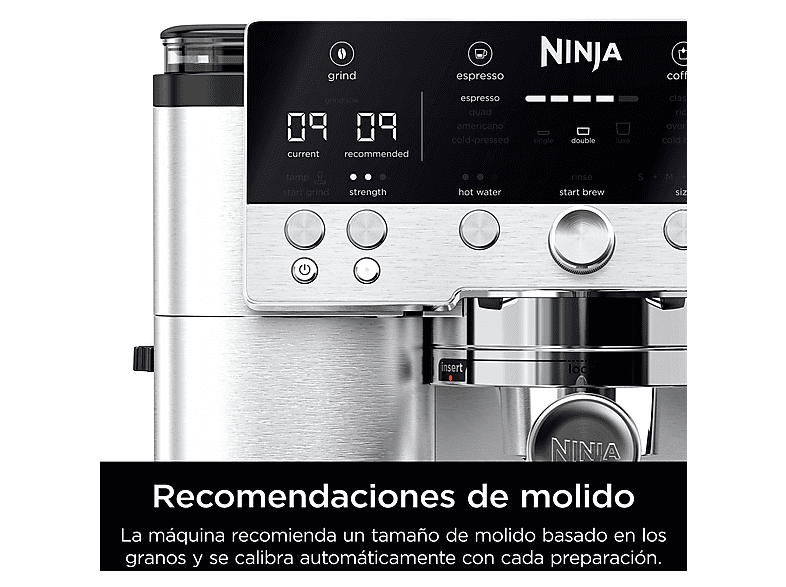 Cafetera express - Ninja Luxe Café Premier ES601EU, 9 bar, 1650W, 2 Tazas, Capacidad del depósito 2L, Capacidad de café en grano 250g, Plata