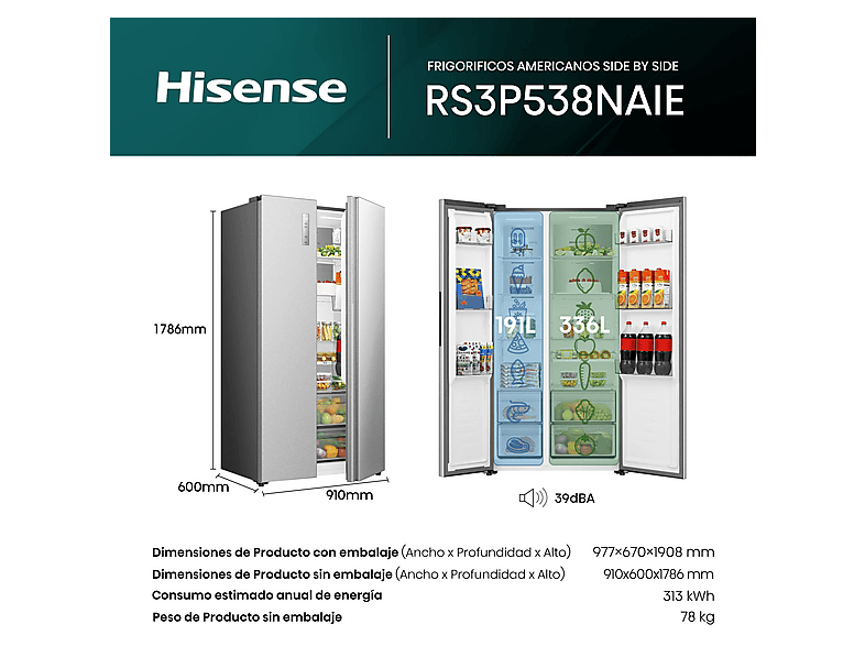 Frigorífico americano - Hisense RS3P538NAIE, No Frost, 178.6 cm, 527 L, Kitchen Fit, Ventilación inferior, Inoxidable