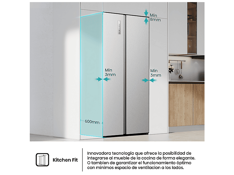 Frigorífico americano - Hisense RS3P538NAIE, No Frost, 178.6 cm, 527 L, Kitchen Fit, Ventilación inferior, Inoxidable