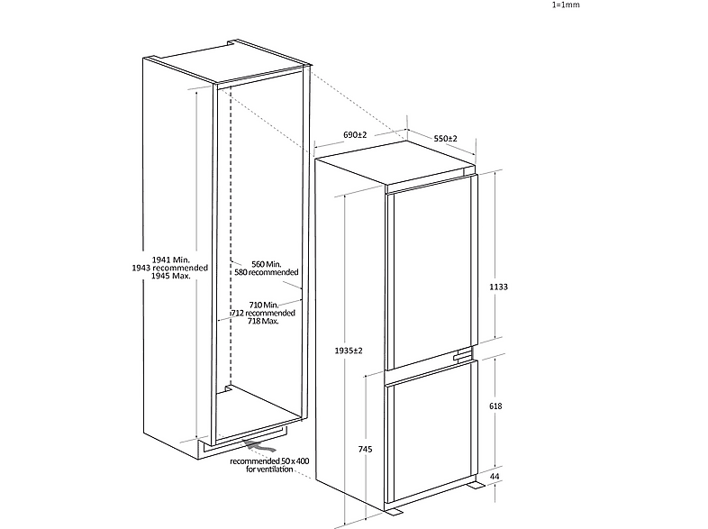 Frigorífico combi integrable - Haier HBW7719DT, TNF Duo Cooling, 193.5 cm, 400 l, Sin Panelar