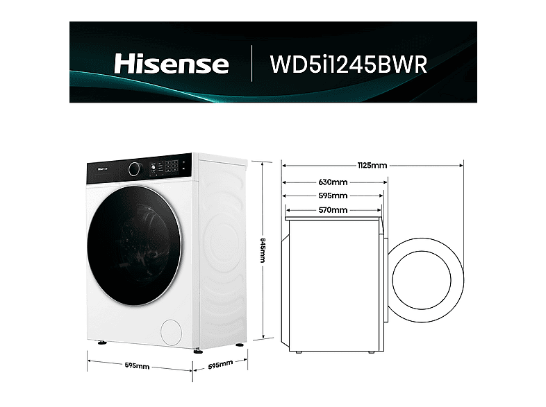 Lavadora secadora - Hisense WD5I1245BWR, 12/8 Kg, iFIT, Wi Fi, Programa especial mascotas, Blanco