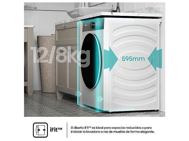 Lavadora secadora - Hisense WD5I1245BWR, 12/8 Kg, iFIT, Wi Fi, Programa especial mascotas, Blanco