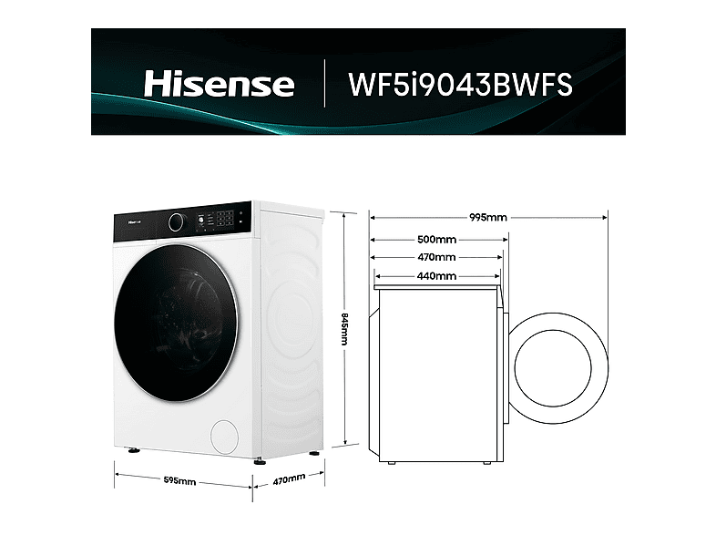Lavadora carga frontal - Hisense WF5I9043BWFS, 9 kg, 1400 rpm, 18 programas, Fondo reducido 47cm, Programa Mascotas, Blanco