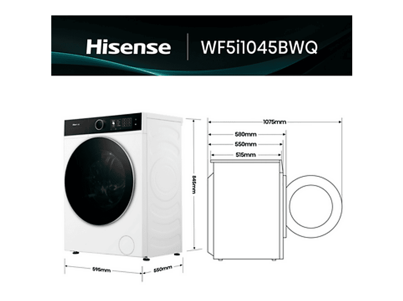 Lavadora carga frontal - Hisense WF5I1045BWQ, 10.5 kg, 1400 RPM, 18 programas, Fondo reducido 55.5 cm, Autodosificación, Blanco