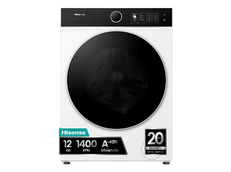 Lavadora carga frontal - Hisense WF5I1245BWR, 12 kg, 1400 RPM, 18 programas, Fondo reducido 55.5 cm, Autodosificación, Blanco