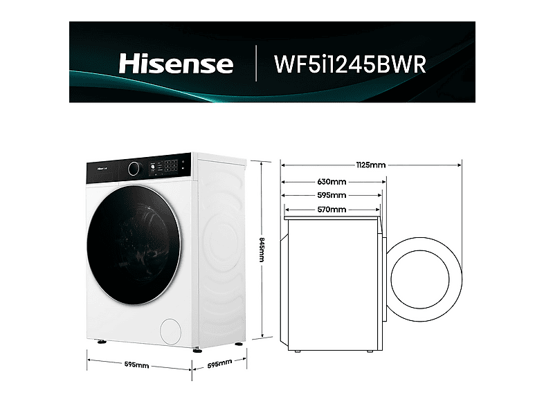 Lavadora carga frontal - Hisense WF5I1245BWR, 12 kg, 1400 RPM, 18 programas, Fondo reducido 55.5 cm, Autodosificación, Blanco