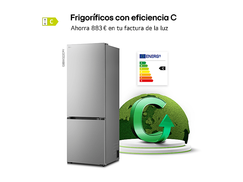 Frigorífico combi - LG GBBW322CPY, No Frost, 203 cm, 465 l, Ancho especial 70 cm, DoorCooling+™, ThinQ AI™, Inox antihuellas