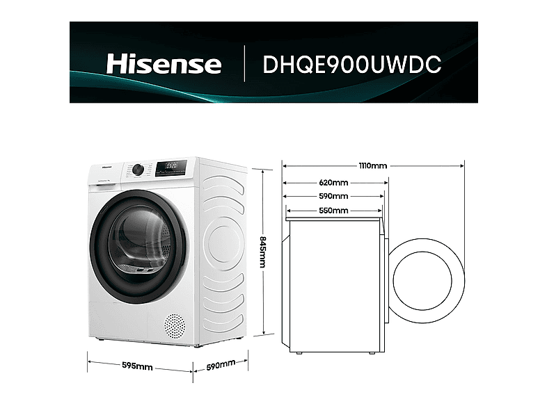 Secadora bomba de calor - Hisense DHQE900UWDC, 9 kg, 16 programas, Anti arrugas, Secado automático, Blanco