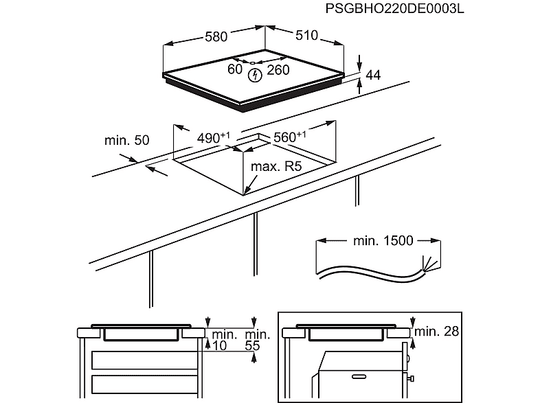 Placa inducción - AEG TO63IQ00IT, 3 Zonas, Zona grande 28 cm, Función Puente, Resistente a los arañazos, 58 cm, Negro Mate