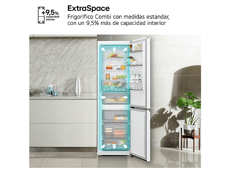 Frigorífico combi - LG GBBSJ10DSW, No Frost, 186 cm, 333 l, DoorCooling+™, Multi Air Flow™, Blanco