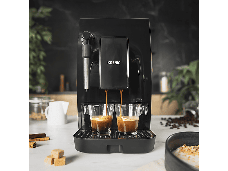 Cafetera superautomática - Koenic KFAC 2016025 ES, 20  bar, 1.6 l, 2 tazas, Panel táctil, Molinillo cónico con 5 ajustes, Negro