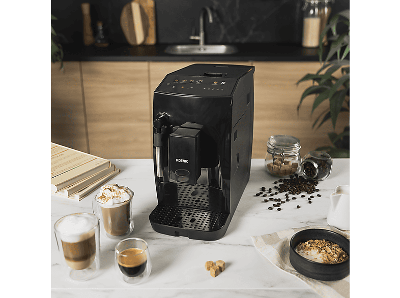 Cafetera superautomática - Koenic KFAC 2016025 ES, 20  bar, 1.6 l, 2 tazas, Panel táctil, Molinillo cónico con 5 ajustes, Negro