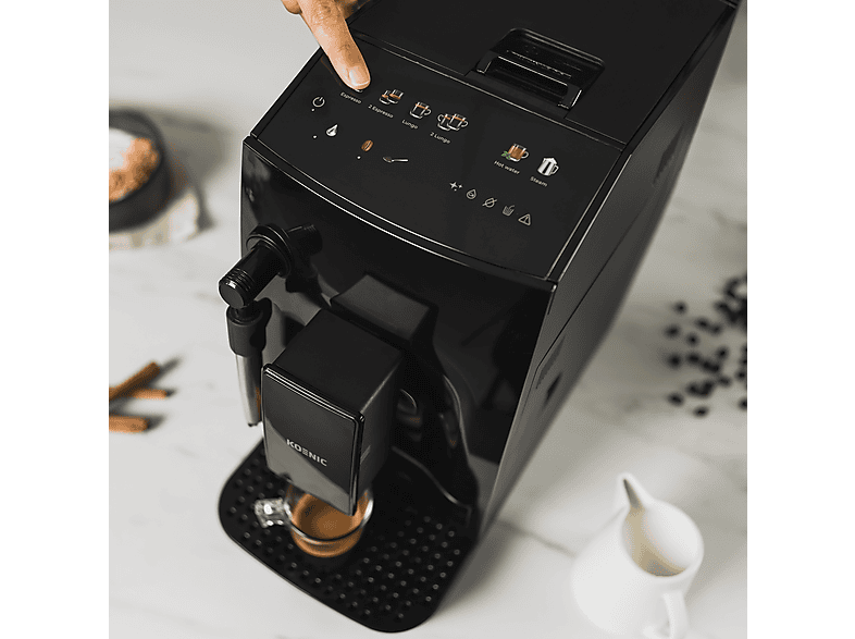 Cafetera superautomática - Koenic KFAC 2016025 ES, 20  bar, 1.6 l, 2 tazas, Panel táctil, Molinillo cónico con 5 ajustes, Negro