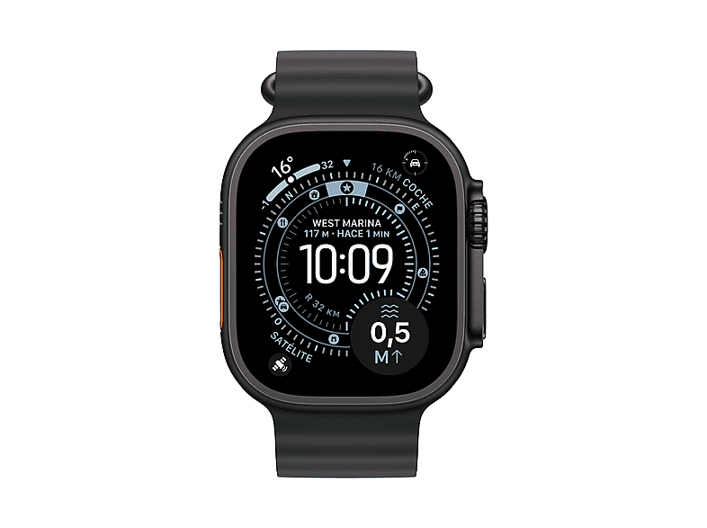 Smartwatch - Apple Watch Ultra 3 (2025), GPS+CEL, 49 mm, Caja de Titanio Negro, Correa Ocean Band Negro, Calidad del sueño, Via satélite