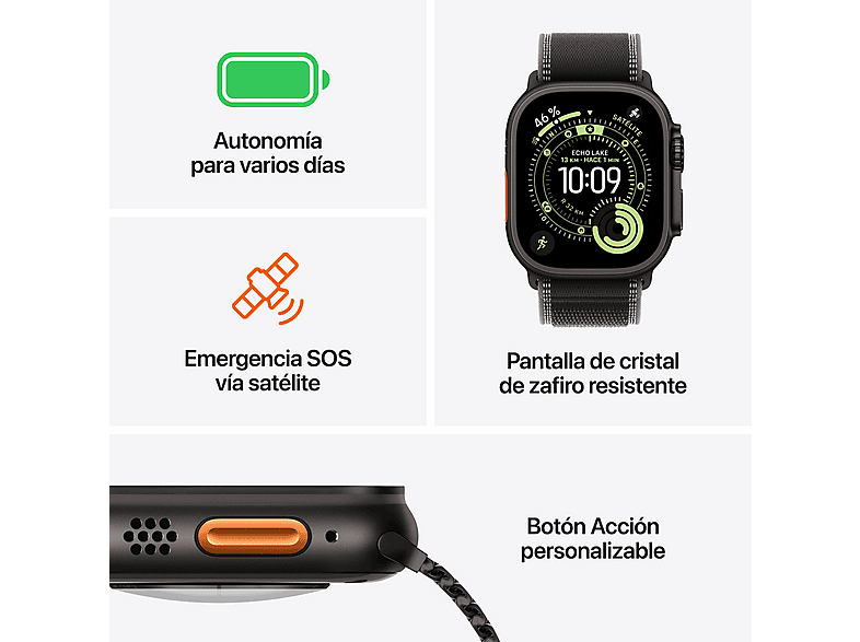 Smartwatch - Apple Watch Ultra 3 (2025), GPS+CEL, 49 mm, Caja de Titanio Negro, Correa Alpine Loop Negro, S, Calidad del sueño, Via satélite
