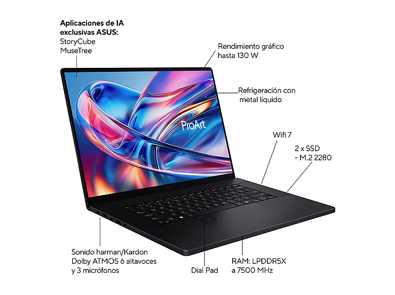 Portátil - ASUS ProArt P16 OLED H7606WX-SE024W Copilot+ PC, 16 " WQUXGA, AMD Ryzen™ AI 9 HX 370 50 TOPS, 64GB RAM, 2+2TB SSD, RTX™ 5090, Windows 11 H