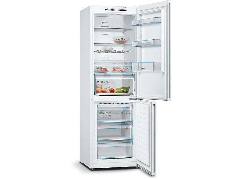 Frigorífico combi - Bosch KGN362WED, Serie 4, Total No Frost, 186 cm, 326 l, Cajón VitaFresh, Sistema MultiAir Flow, Blanco