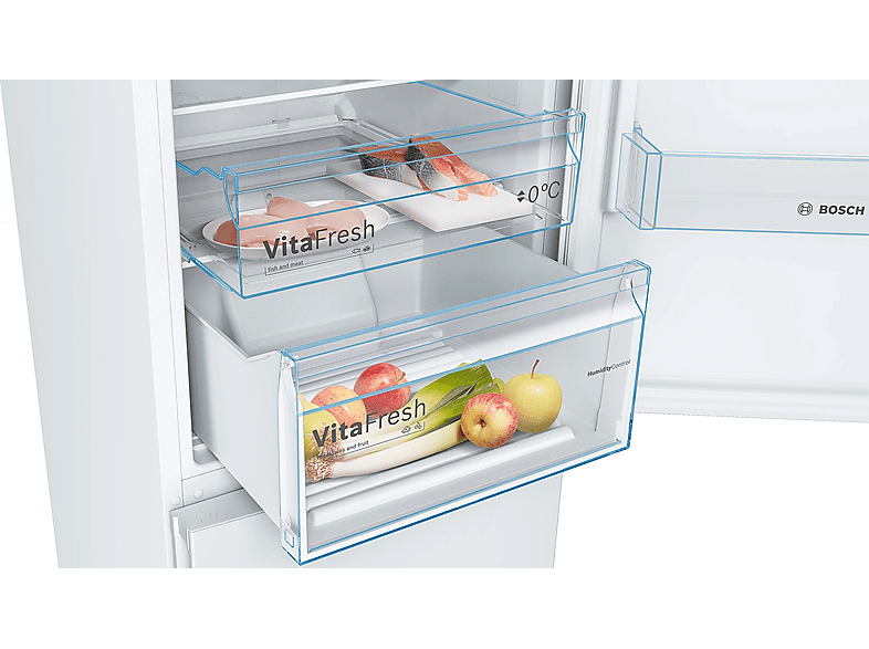 Frigorífico combi - Bosch KGN362WED, Serie 4, Total No Frost, 186 cm, 326 l, Cajón VitaFresh, Sistema MultiAir Flow, Blanco