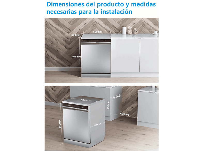 Lavavajillas - Midea MDWEF1433DSS, 14 servicios, 9 programas, 59.8 cm, Aquastop, Inox