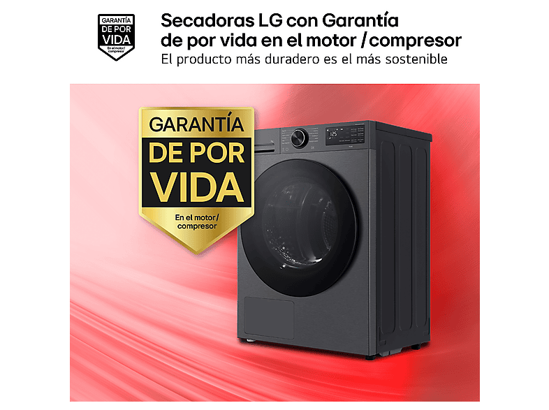Secadora bomba de calor - LG RHX5009TBB, 9 kg, 12 programas, AI DUAL Inverter™, ThinQ™, Acero Grafito Mate Antihuellas