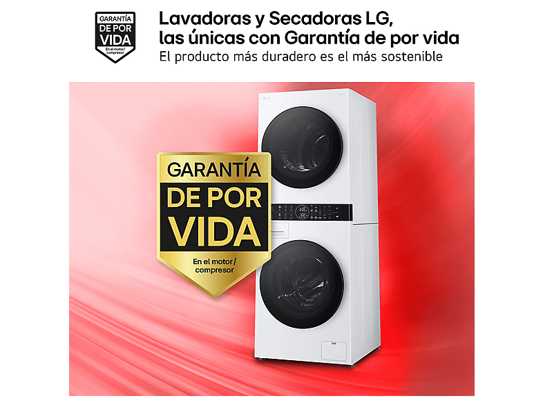 Lavadora secadora - LG WT1210WWF, Torre de lavado 12/10 kg, TurboWash™, Smart Pairing™, Blanco