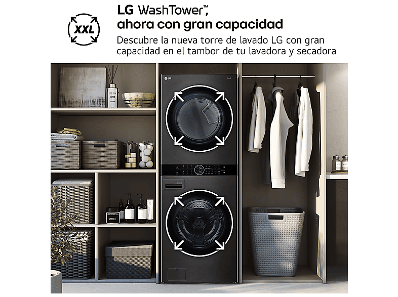 Lavadora secadora - LG WT1716BBF, Torre de lavado 17/16 kg, TurboWash™, Smart Pairing™, Inox grafito