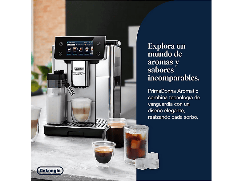 Cafetera superautomática - De Longhi, De'Longhi PrimaDonna Aromatic ECAM630.55.SSM, 1450 W, 19 bar, 0.5 l, Molinillo integrado