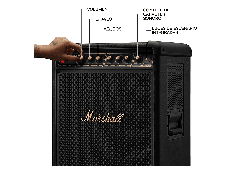Altavoz de gran potencia - Marshall Bromley 750, 442 W, Con batería, Autonomía 40 h, 127dB(A), Sonido 360° y Efectos de Luz Integrados, Negro