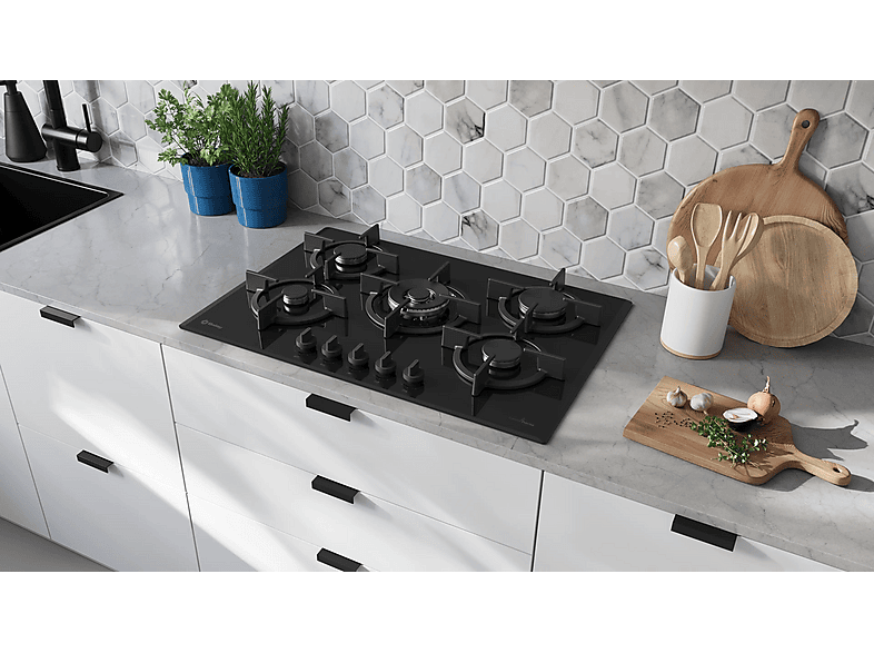 Placa de gas - Balay 3ETG676RB, 5 zonas, 28 cm zona grande, Gas butano, 75.2 cm, Negro