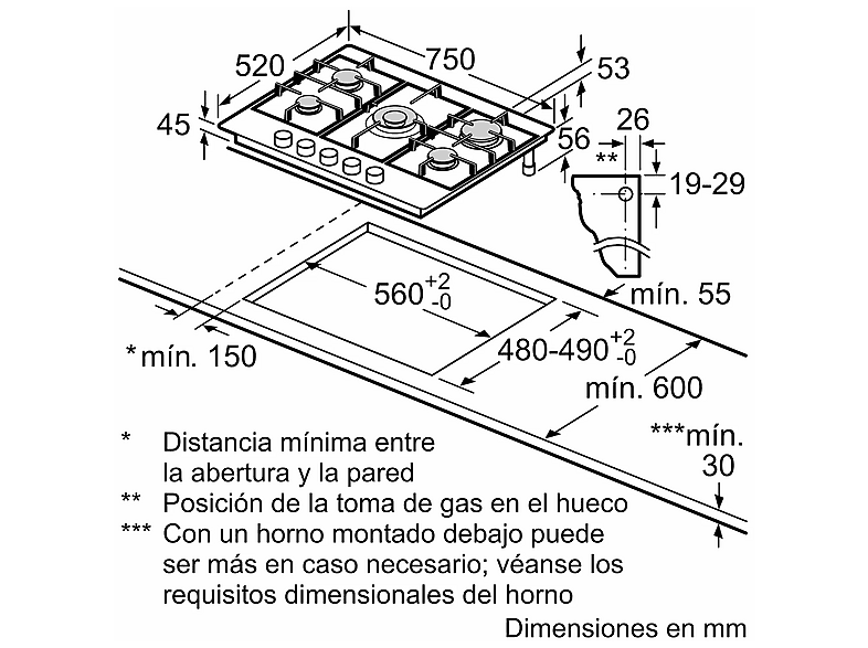 Placa de gas - Balay 3ETX576CB, 5 zonas, 28 cm zona grande, Gas butano, 75 cm, Acero inoxidable