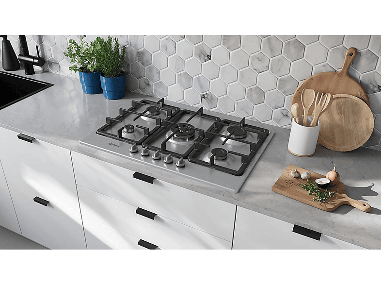 Placa de gas - Balay 3ETX576CB, 5 zonas, 28 cm zona grande, Gas butano, 75 cm, Acero inoxidable