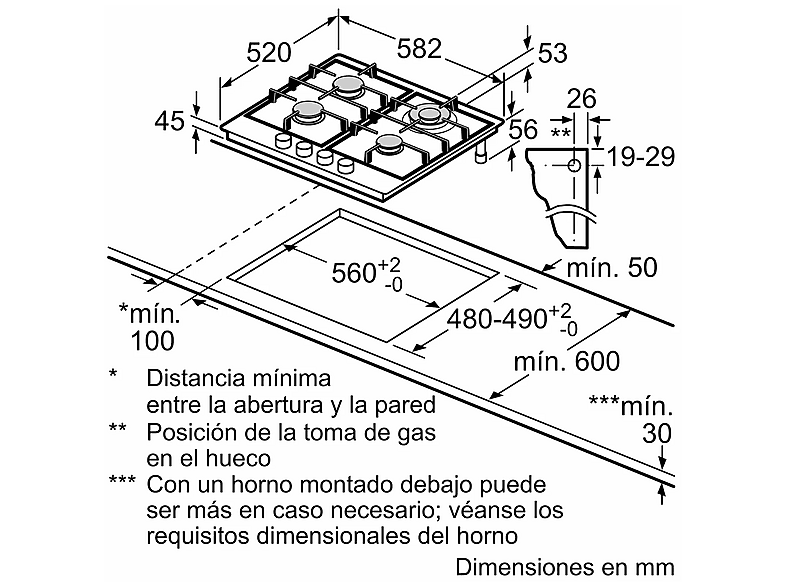 Placa de gas - Balay 3ETX565CB, 4 Zonas, 28 cm zona grande, Gas butano, 58.2 cm, Acero