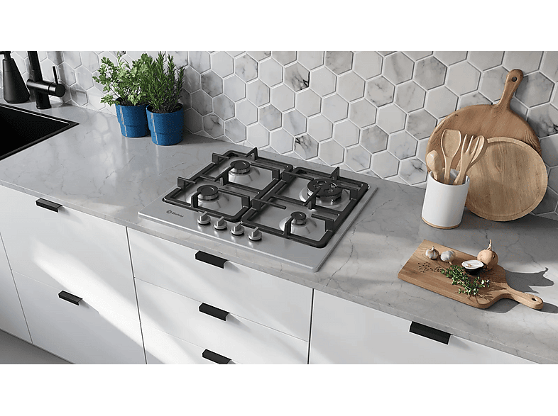Placa de gas - Balay 3ETX565CB, 4 Zonas, 28 cm zona grande, Gas butano, 58.2 cm, Acero