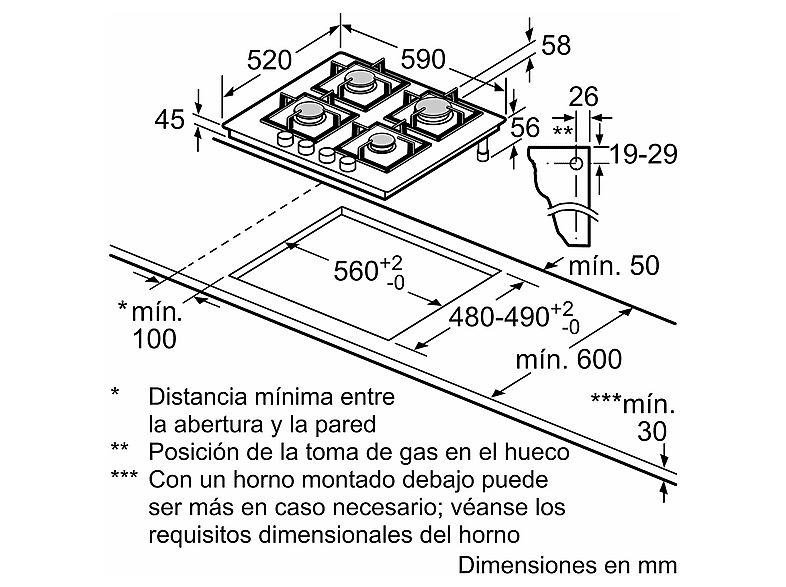 Placa de gas - Bosch PPP6A6I10, 4 zonas, 26 cm Zona grande, Gas natural, 59 cm, Negro