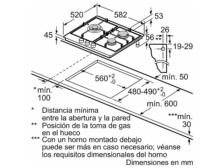 Placa de gas - Bosch PCC6A5I90, 3 zonas, 28 cm Zona grande, Gas natural, 58.2 cm, Acero inoxidable