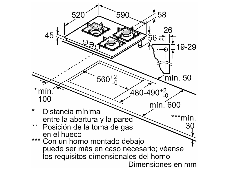 Placa de gas - Bosch PNC6B6K40, 3 zonas, Gas natural, 59 cm, Negro