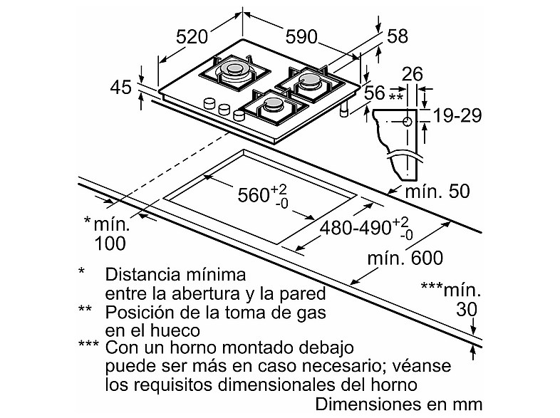 Placa de gas - Siemens EP6A6CI10, 3 Zonas, 28 cm Zona grande, Gas natural, 59 cm, Negro