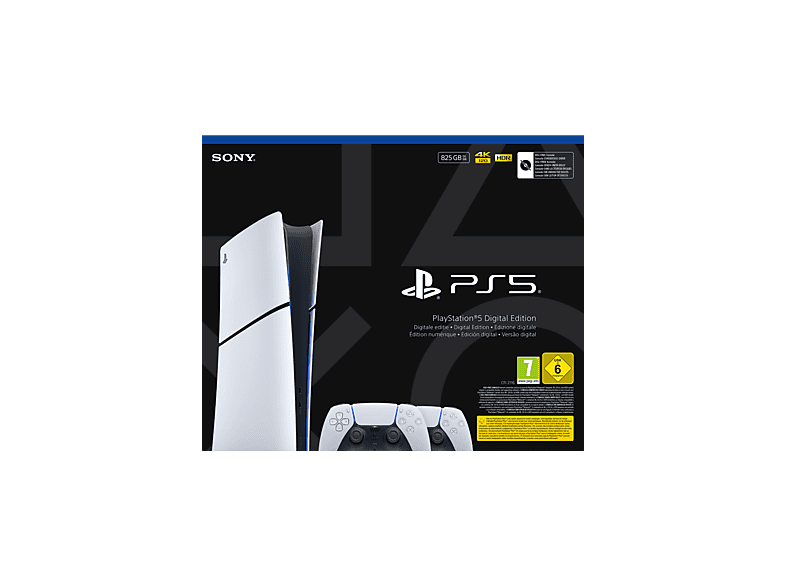 Consola - Sony PS5 Slim Digital Edition, 825 GB SSD, 4K, 2 mandos DualSense, Chasis E, Blanco