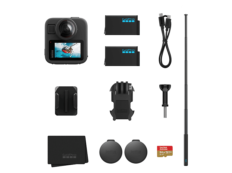 Cámara deportiva - GoPro MAX2 + Accessories Bundle, Vídeo en 8K 360°, 29 MP, Negro