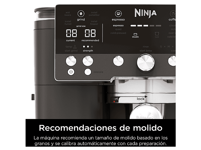 Cafetera express - Ninja Luxe Café Premier ES601EUBK, 9 bar, 1650W, 2 Tazas, Capacidad del depósito 2L, Capacidad de café en grano 250g, Negro