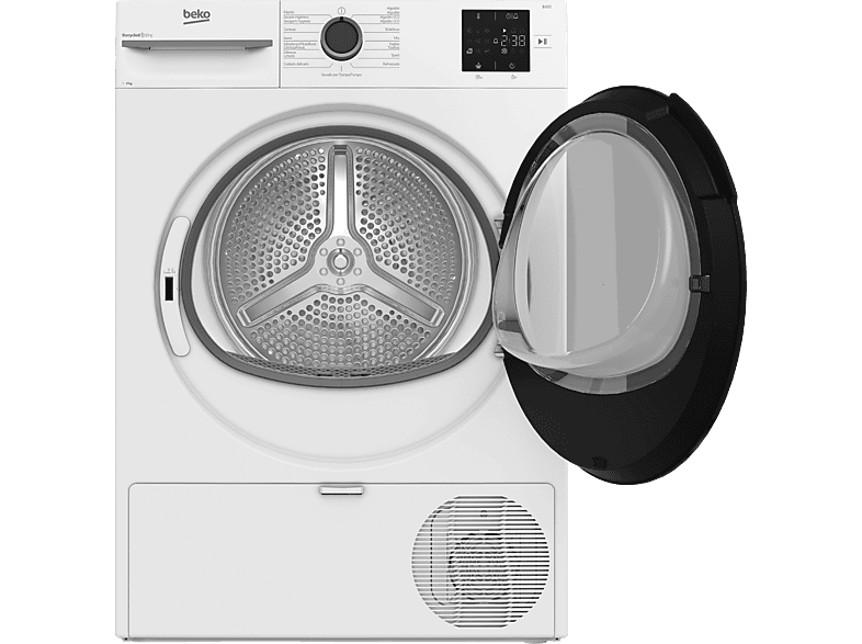 Secadora bomba de calor - Beko BM3T39220WB, 9 kg, 15 Programas, Pantalla digital, OptiSense, Filtro Fusión, AquaWave, Blanco