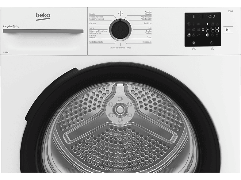Secadora bomba de calor - Beko BM3T39220WB, 9 kg, 15 Programas, Pantalla digital, OptiSense, Filtro Fusión, AquaWave, Blanco