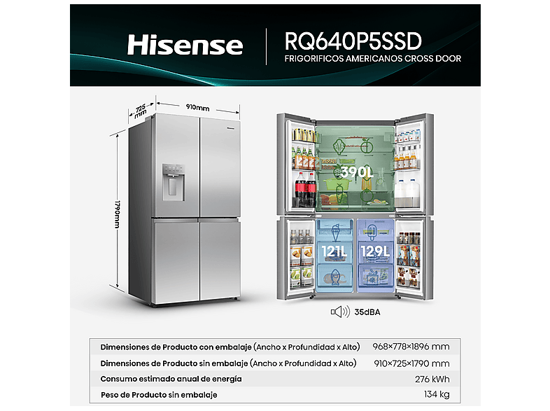 Frigorífico americano - Hisense RQ640P5SSD, Total No Frost, 179 cm, 640 l, Wi Fi, Tecnología UV, Inox